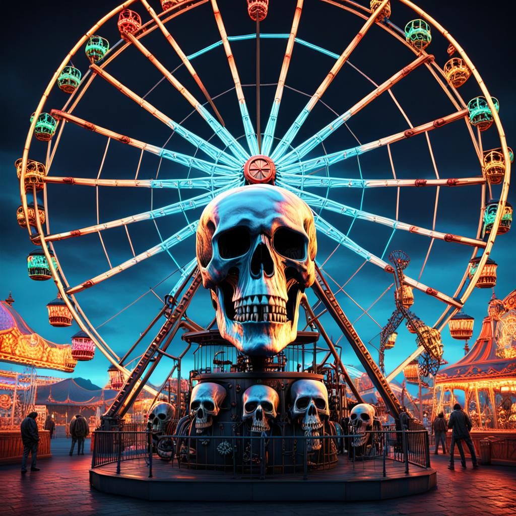 Macabre Carnival: Skull Ferris Wheel in Ominous 3D Render
