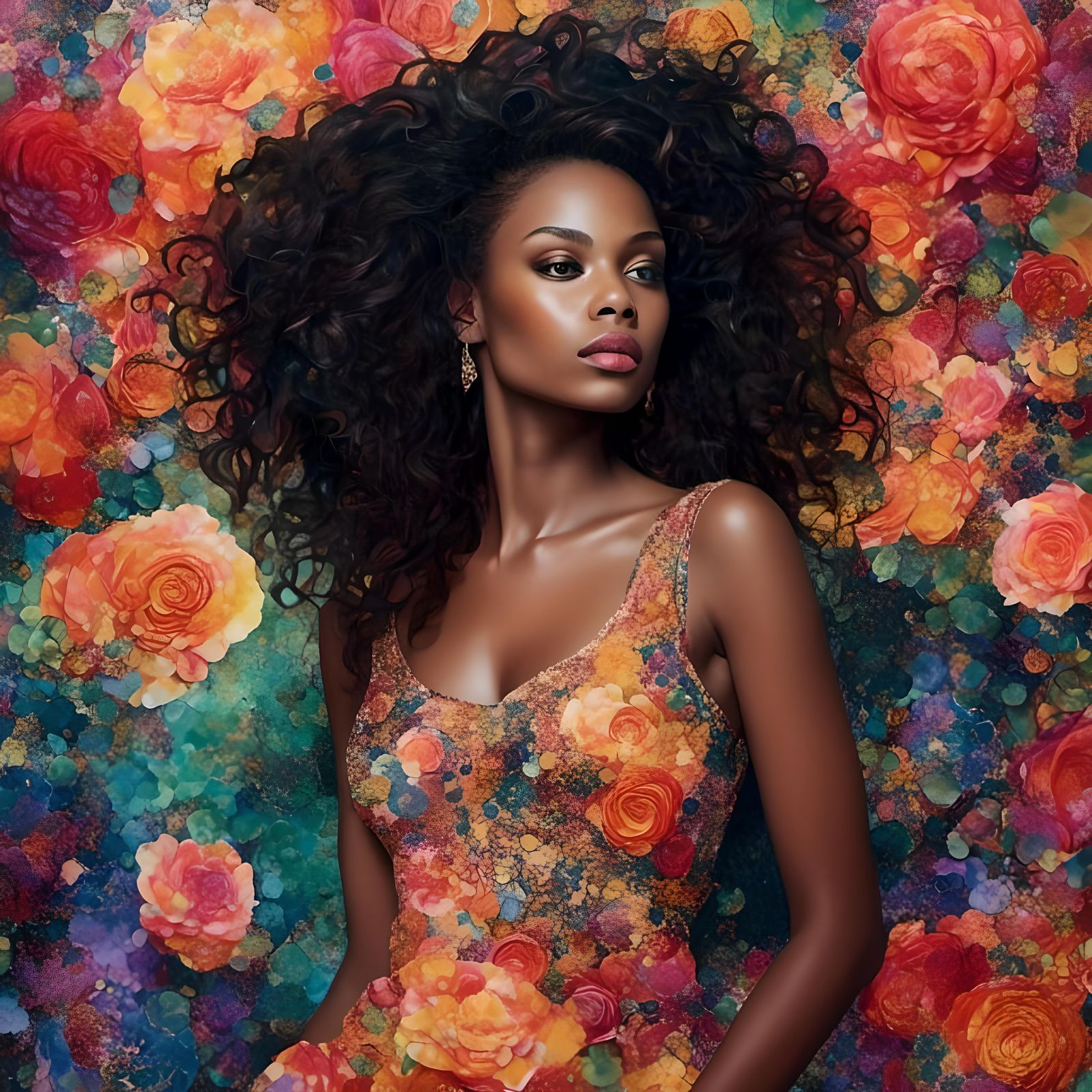 Colorful Pointillist Portrait of Woman with Roses