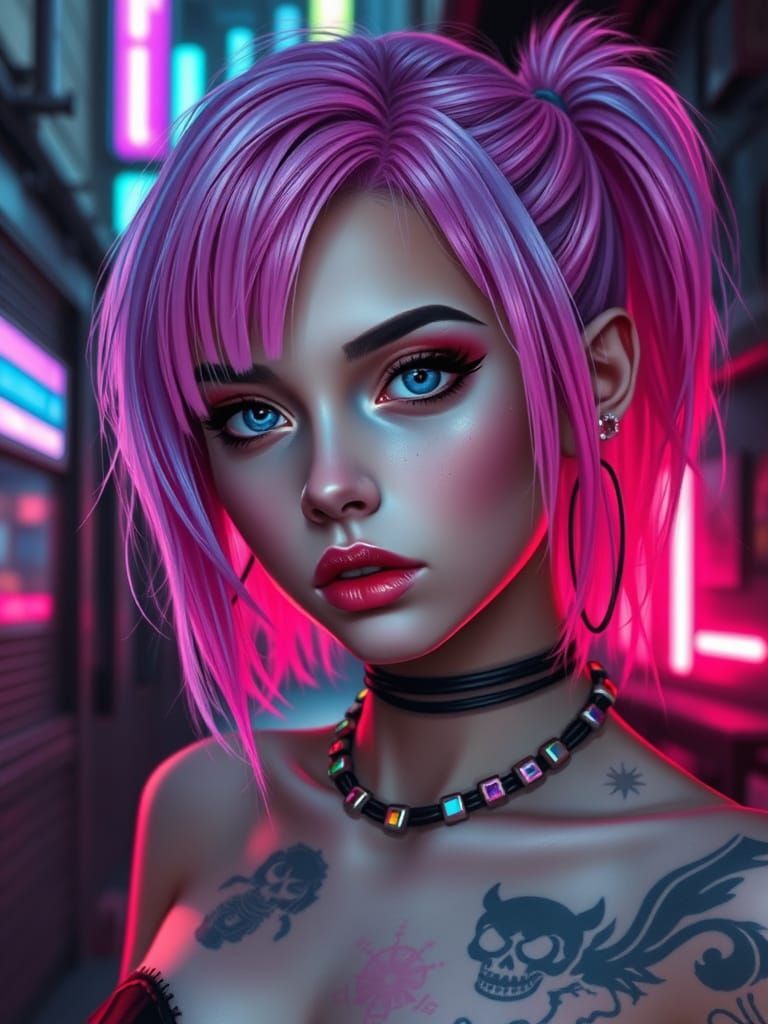 Cyberpunk Girl Portrait with Pink and Blue Hair