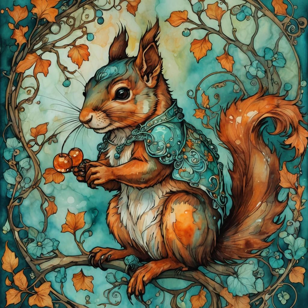 Squirrel Art Nouveau Alcohol Ink Painting