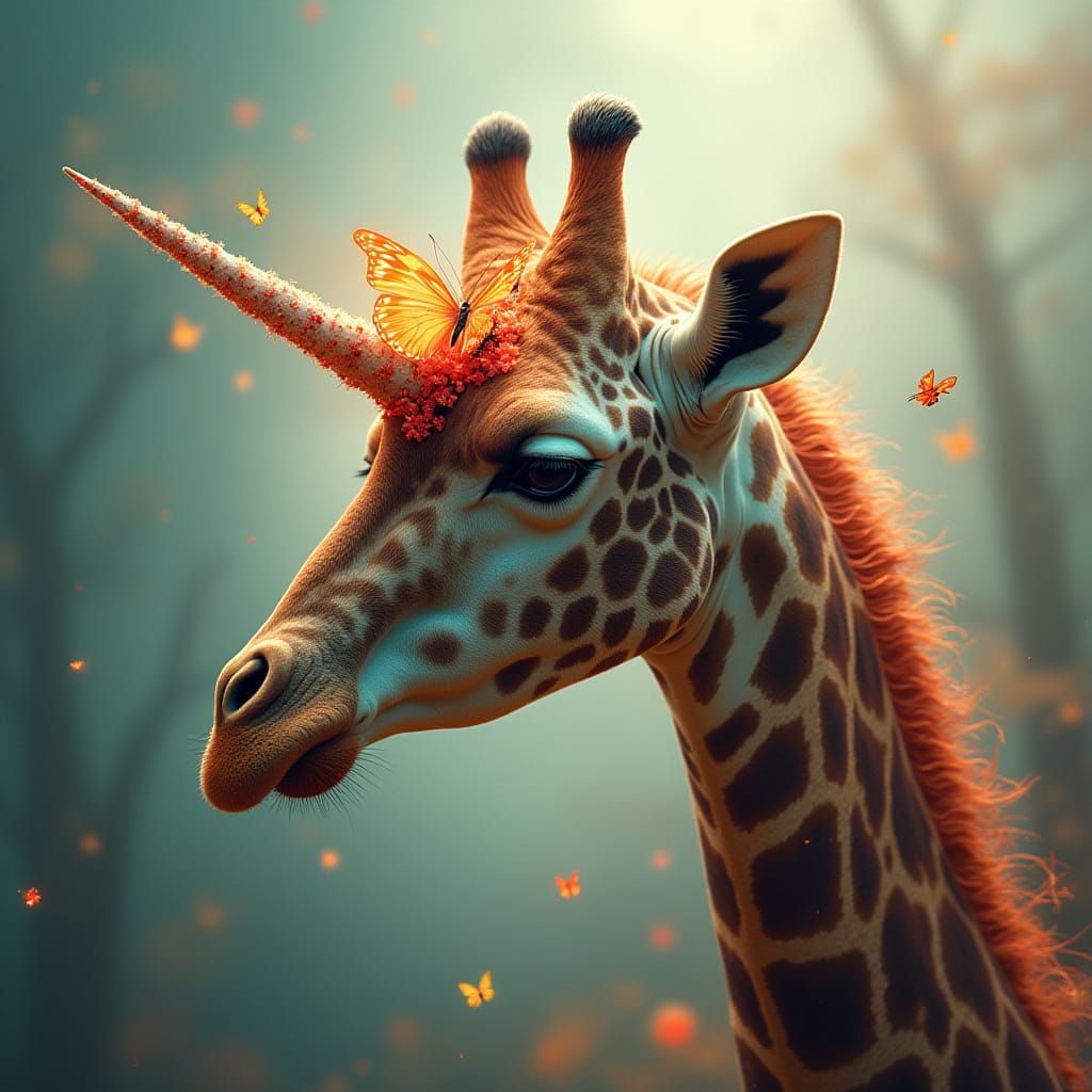 Surreal Double Exposure: Giraffe, Butterfly, and Unicorn Hor...