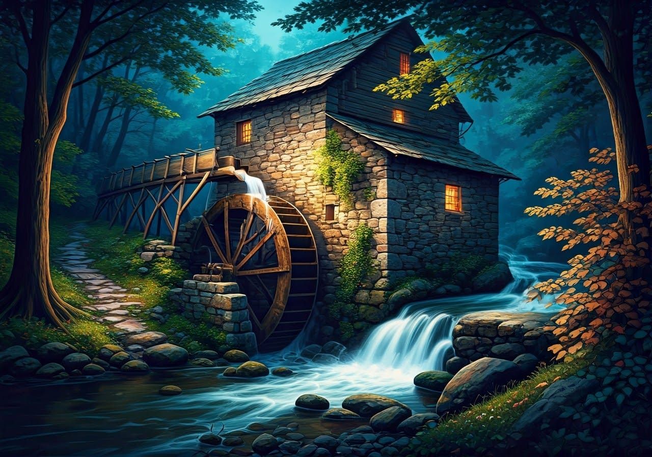 Historic Watermill in Soft Evening Light