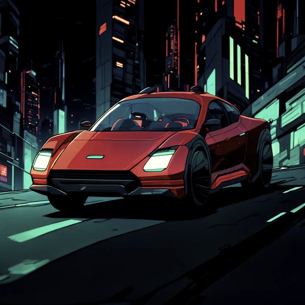 Anime-Style Flying Car Illustration in Red