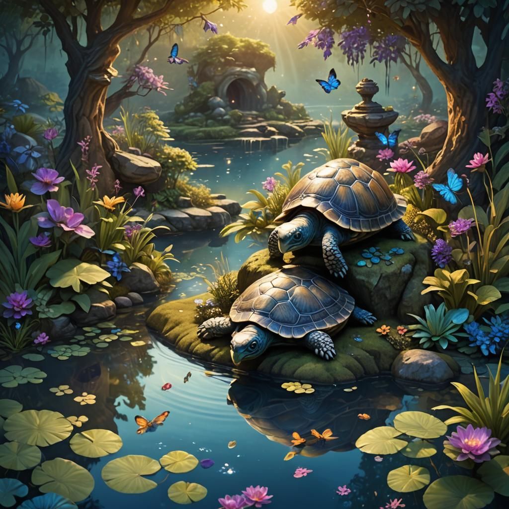 Enchanted Turtle Pond in a Lush Forest