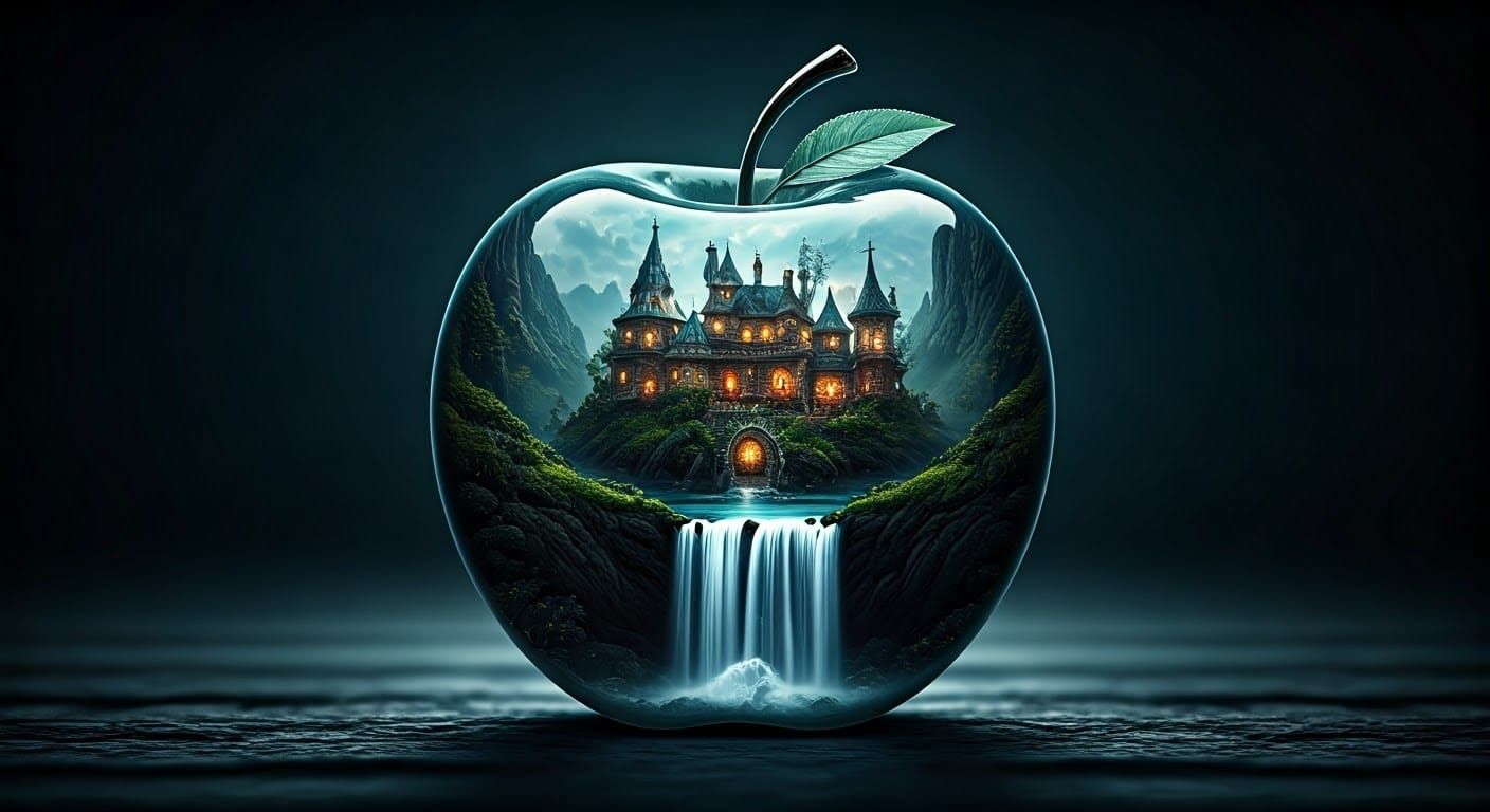 Enchanted Fairy Village Inside Glass Apple: Macro Shot