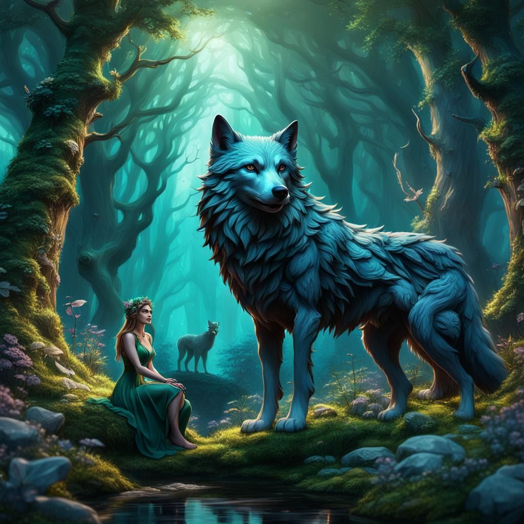 Woodland Fairy and Wolf in Detailed Matte Painting