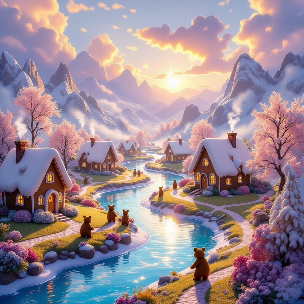 Magical Milk Rivers With Honey Bears Near Gingerbread Cottag...