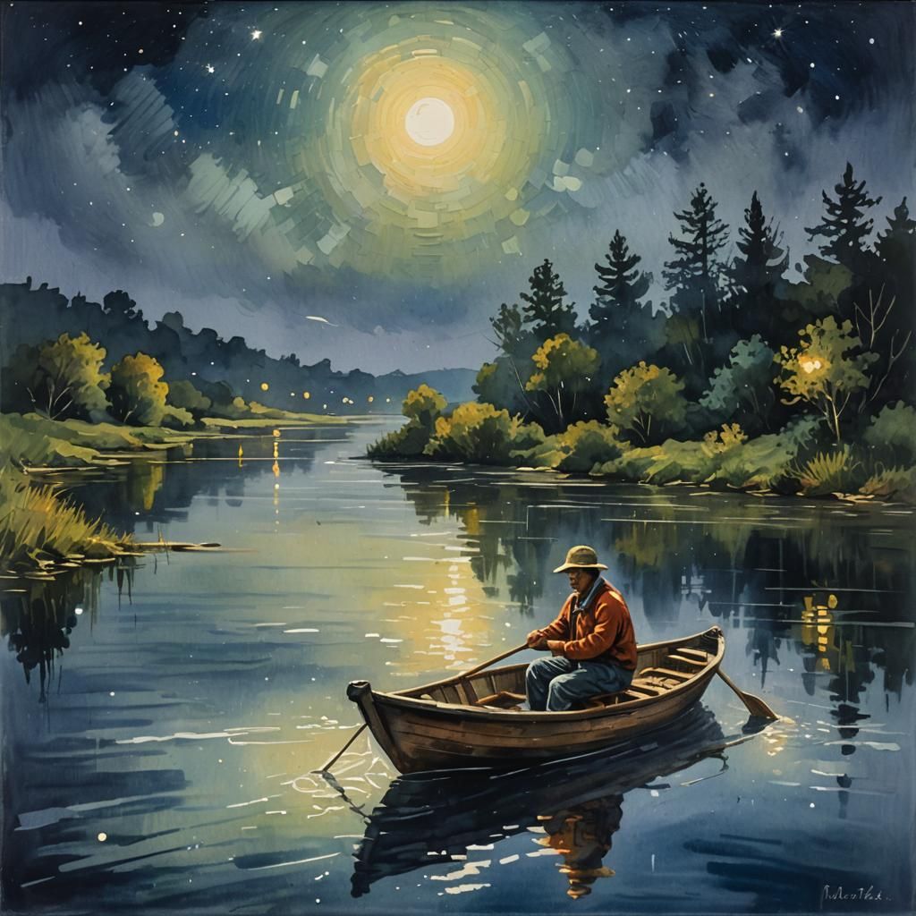 Fisherman on River at Night: Gouache Impressionist Painting