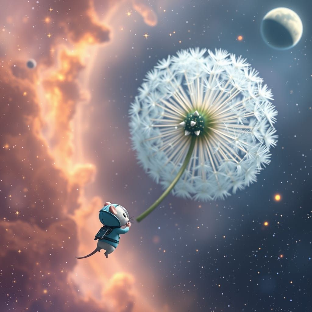 Whimsical Space Mouse in a Ghibli-Inspired Nebula