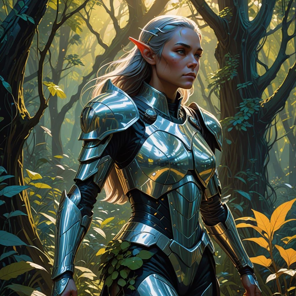 Elf Warrior Defends Bioluminescent Grove in Fantasy Art