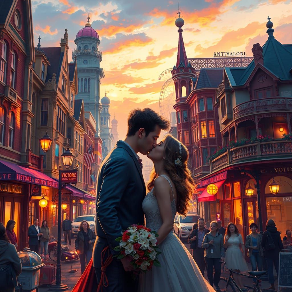 Romantic Couple Embracing in Futuristic Downtown Victoria