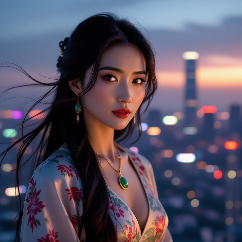 Contemplative Woman in Futuristic Cityscape: Cinematic Portr...