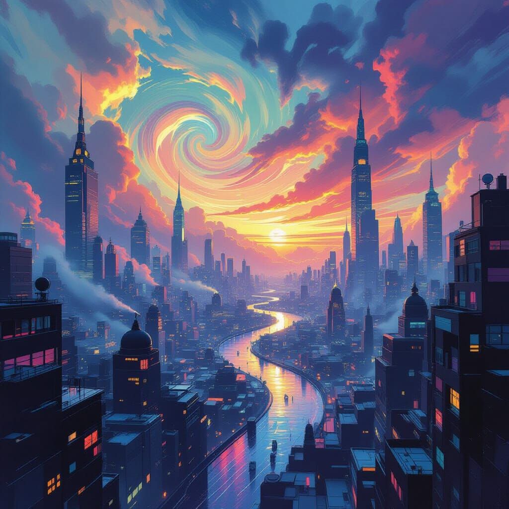 Surreal Cityscape with Swirling Colors in Science Fiction St...