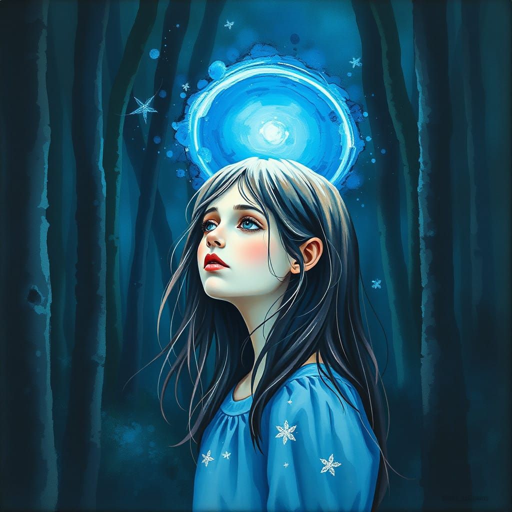 Ethereal Halo Illuminates a Young Girl in a Dark Forest Mast...
