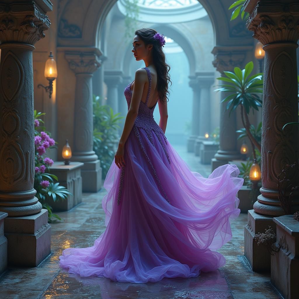 Elegant Woman in Mystical Setting with Ornate Gown