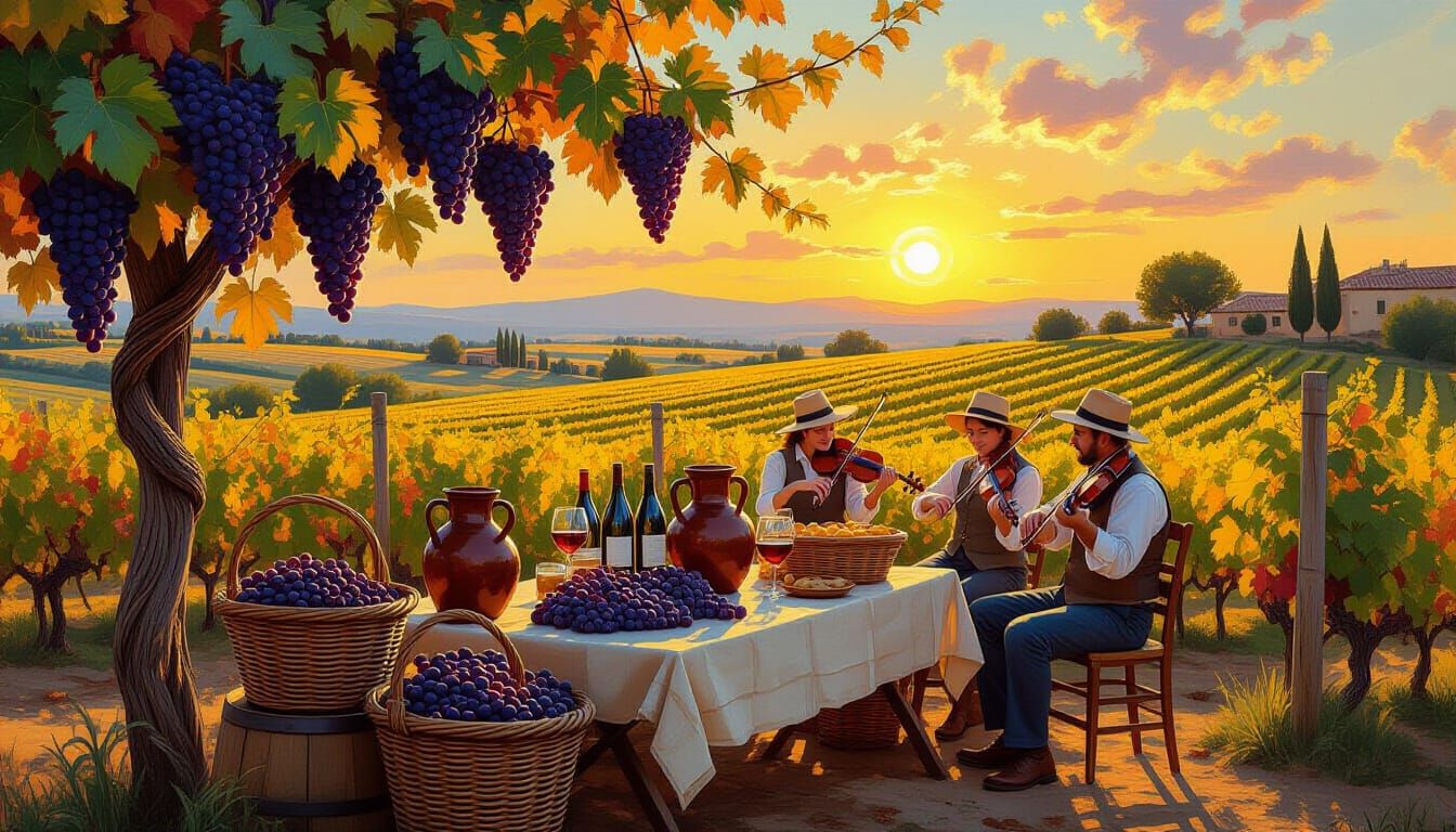 Autumn Vineyard Harvest Feast in Impressionistic Oil Paintin...