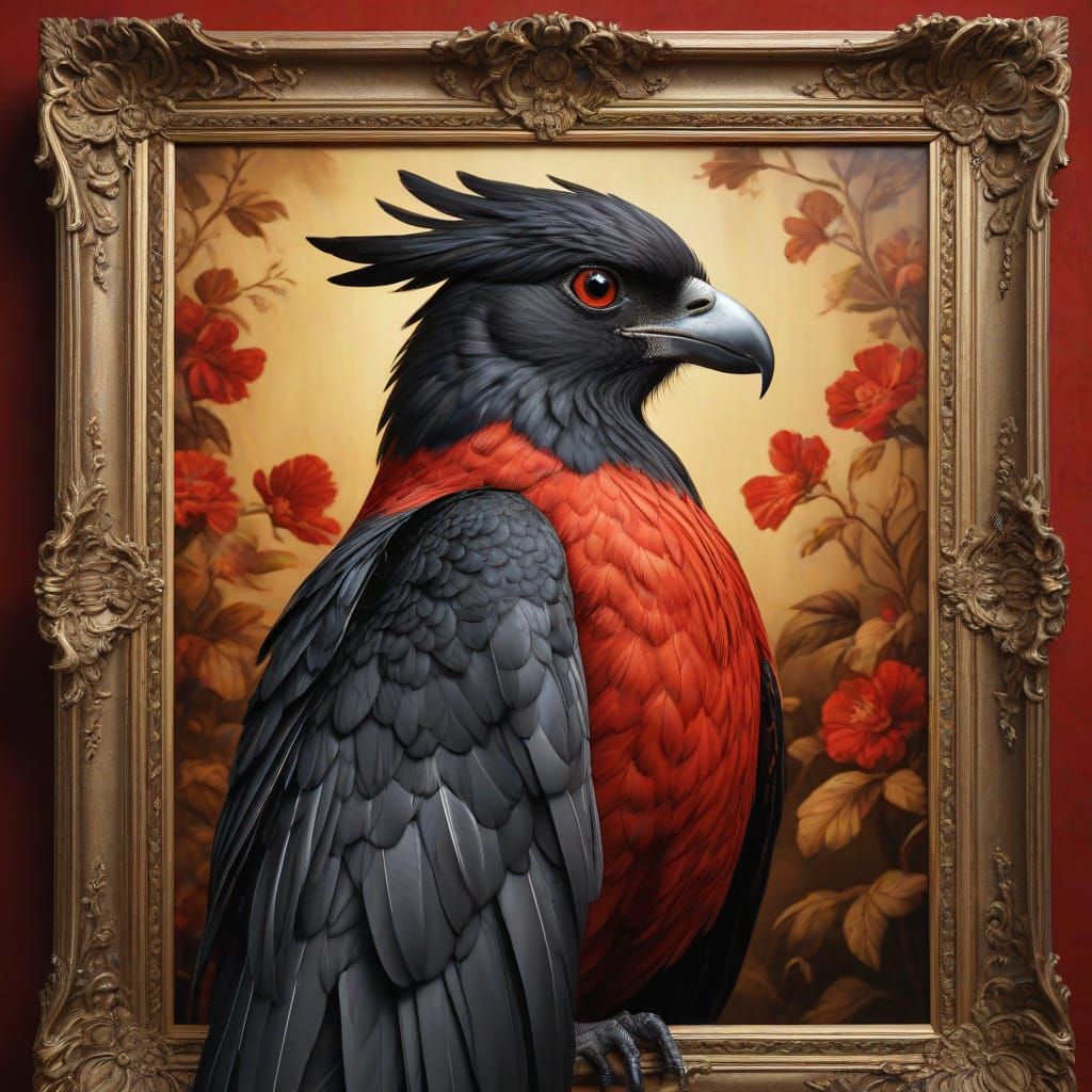 Baroque Bird in Crimson Frame: Hyper-Realistic Digital Art