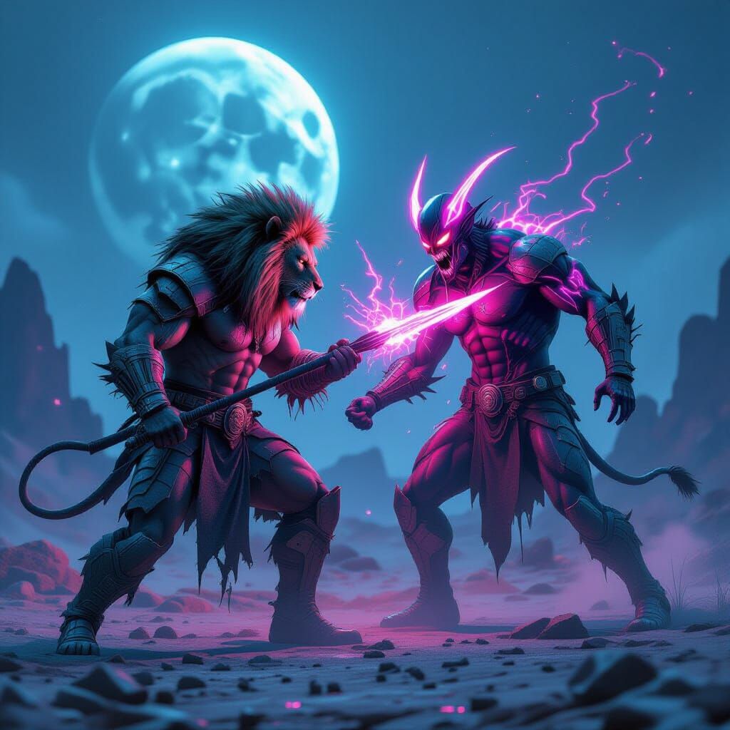 Lion-Man Warrior Battles Neon Demon on Lunar Landscape