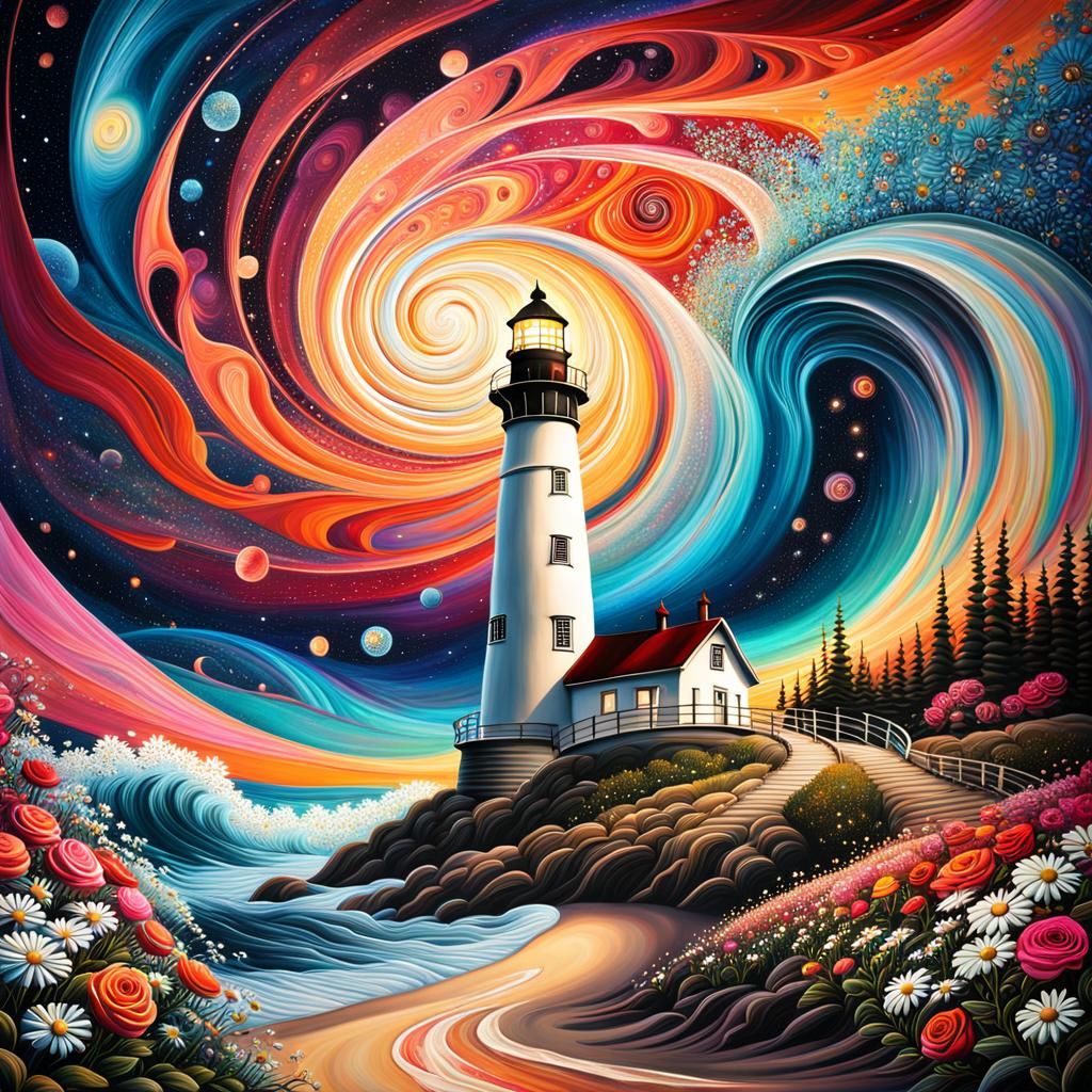 Lighthouse in Surreal Galaxy: Abstract Expressionist Fractal...