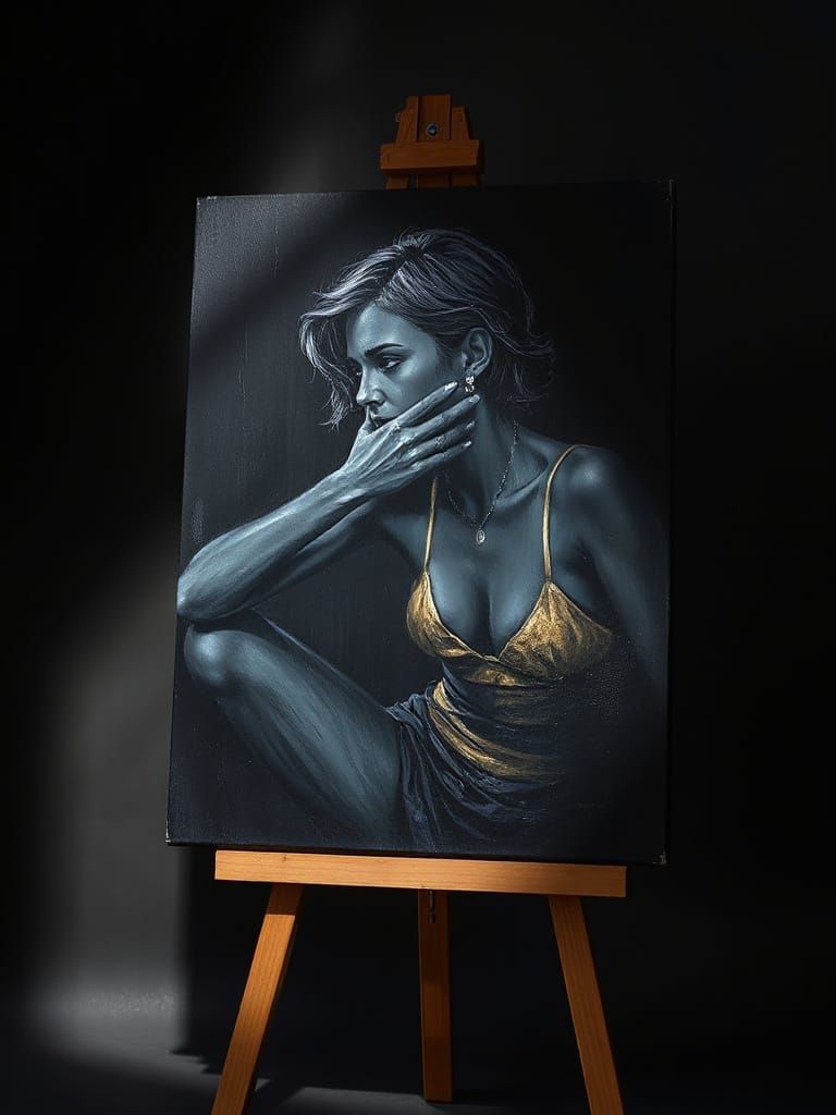 Woman Merging into Canvas with Golden Highlights