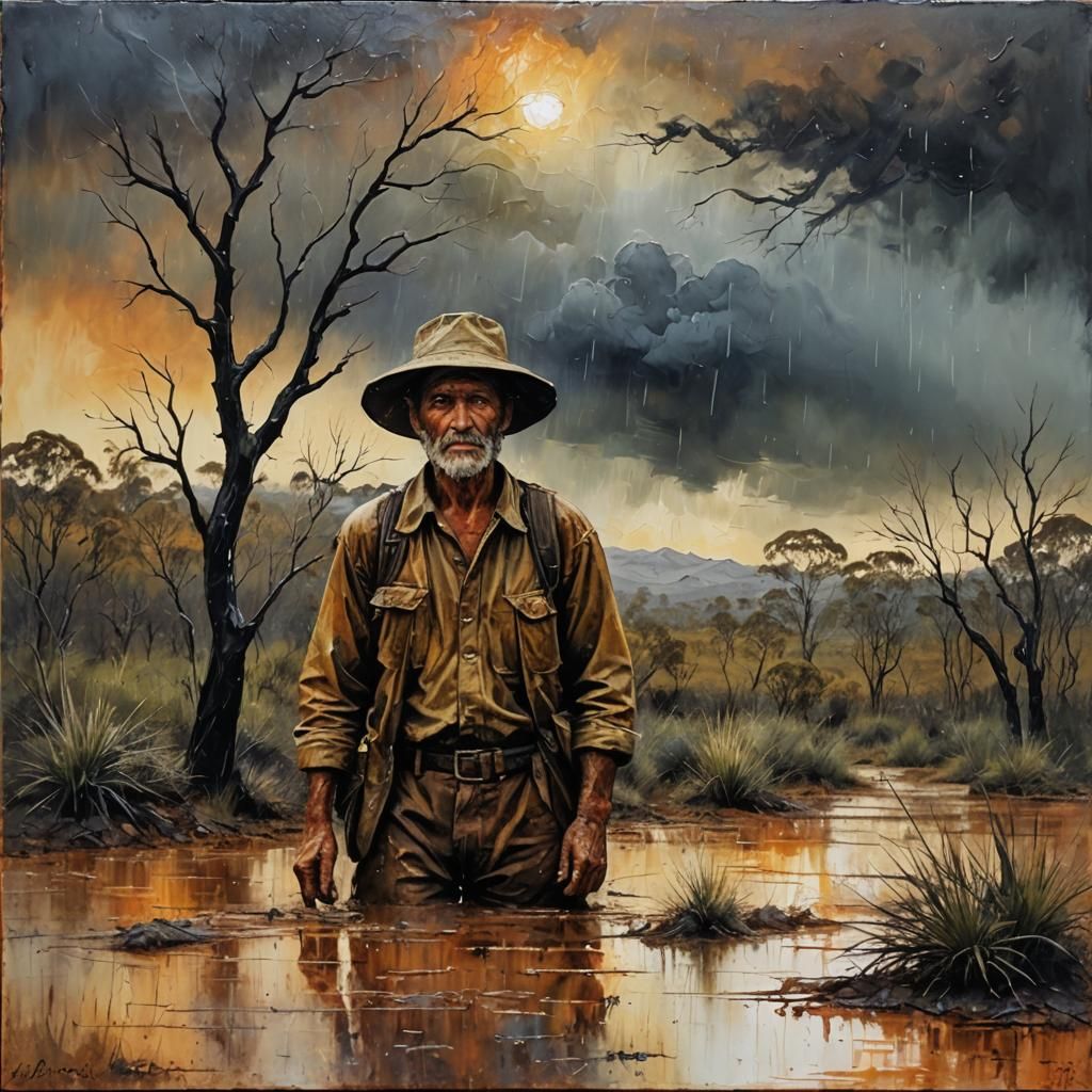 Australian Bushman in Rainy Landscape: Encaustic Impasto Pai...