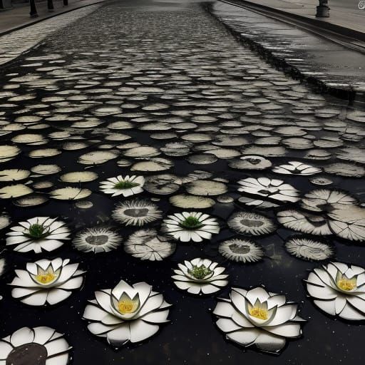 Ink drawing, lotuses growing in puddles of water on the sidewalk, crosshatching, color
