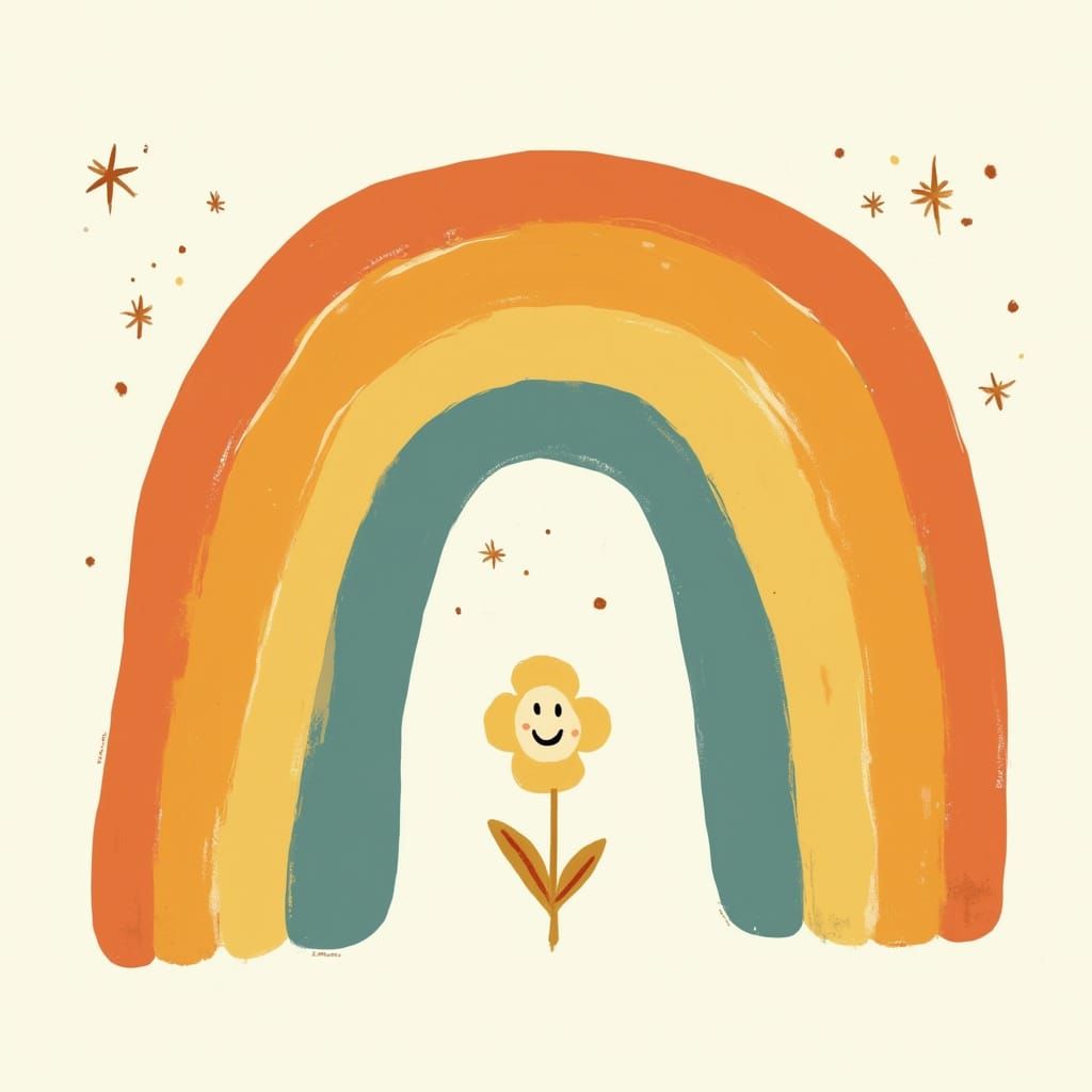 Retro-Inspired Rainbow Art with Abstract Elements