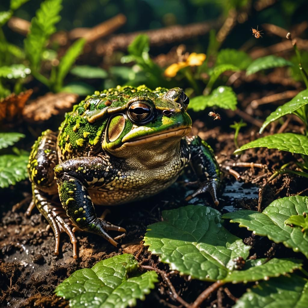 Toad Captures Fly: Macro Wildlife Digital Art