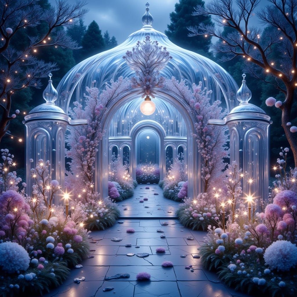 Sparkling Exotic Moonlight Flowers in Glass Greenhouse