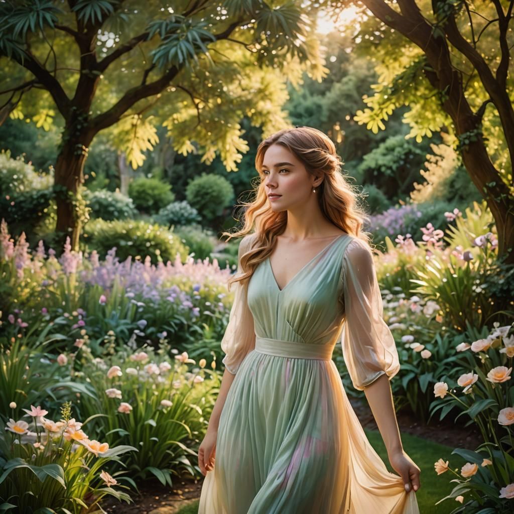 Whimsical Impressionist Woman in a Lush Garden