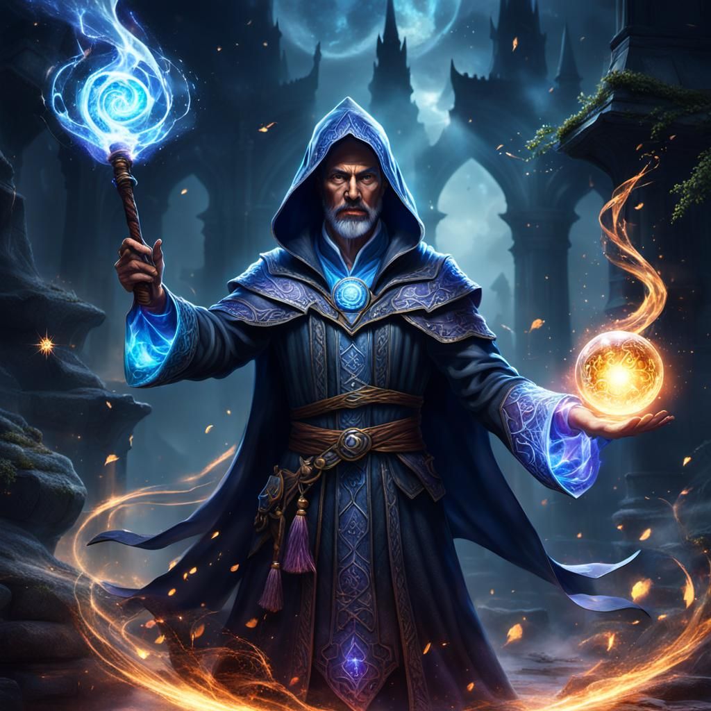 A mysterious mage casting a powerful spell, surrounded by ma...