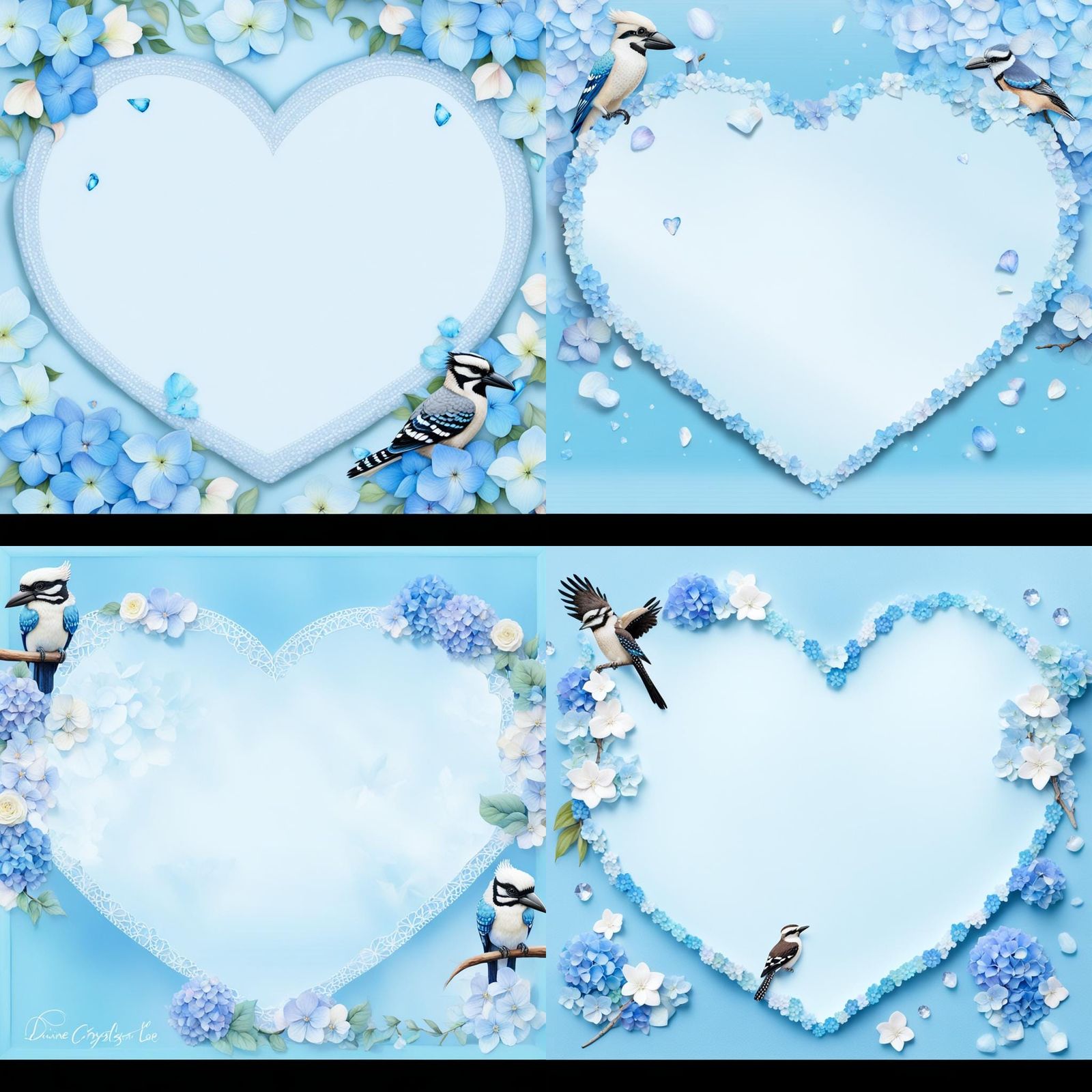 Realistic Blue Hydrangeas with Kookaburras and Crystals