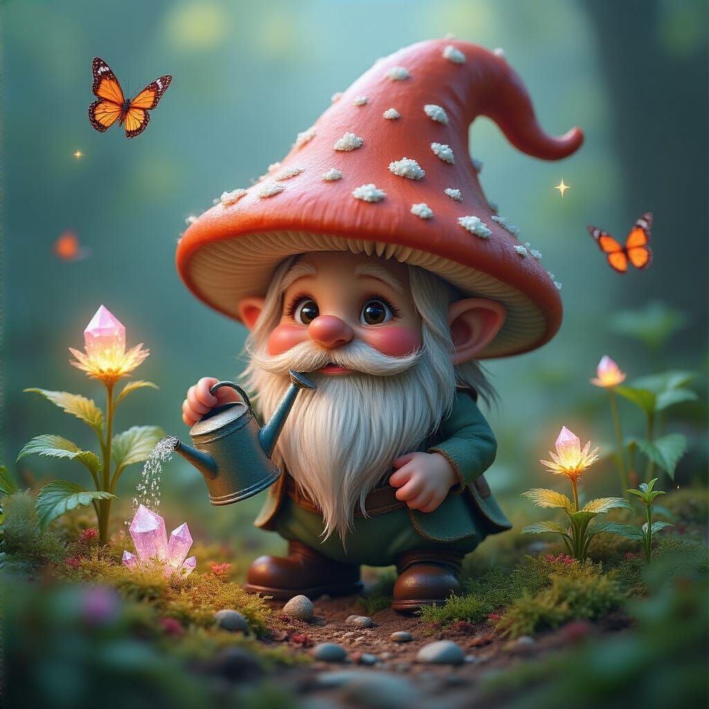 Gnome Tending a Glowing Garden in Matte Painting Style