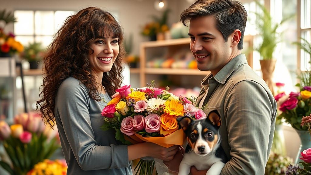 Romantic Moment in Quaint Flower Store