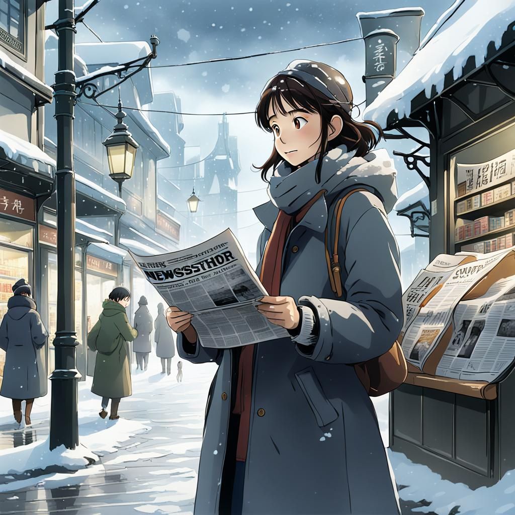 Girl Buys Newspaper in Snowy Ghibli Scene