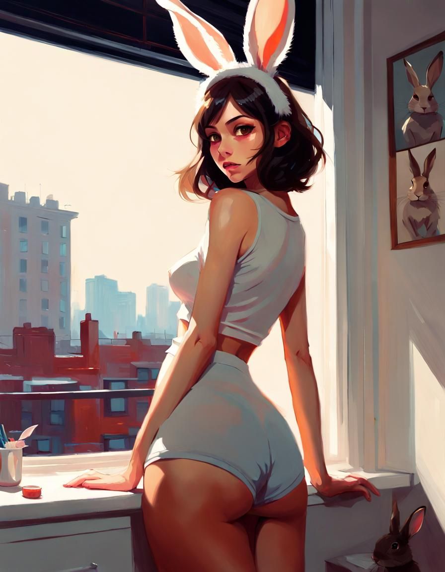 Fit Woman with Rabbit Ears Digital Painting