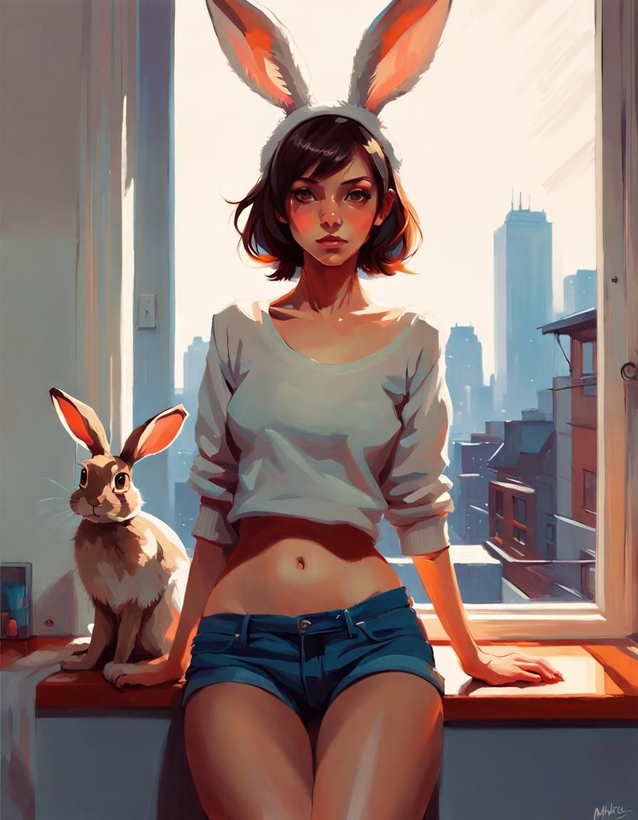 Alluring Rabbit Woman in Apartment, Digital Art