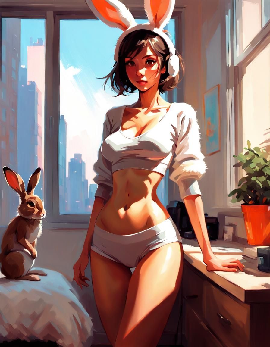 Anime Rabbit Woman in Apartment, Digital Art