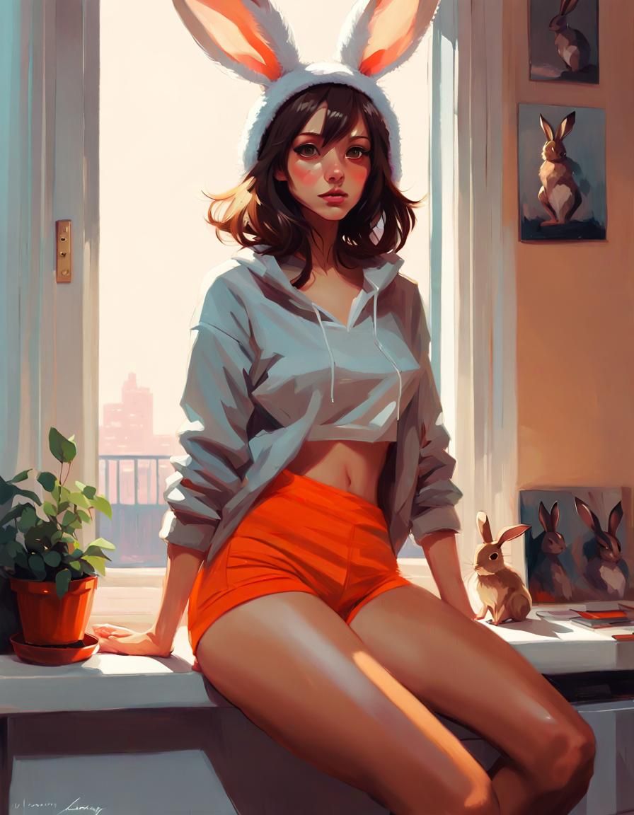 Alluring Rabbit Woman in Apartment, Digital Art