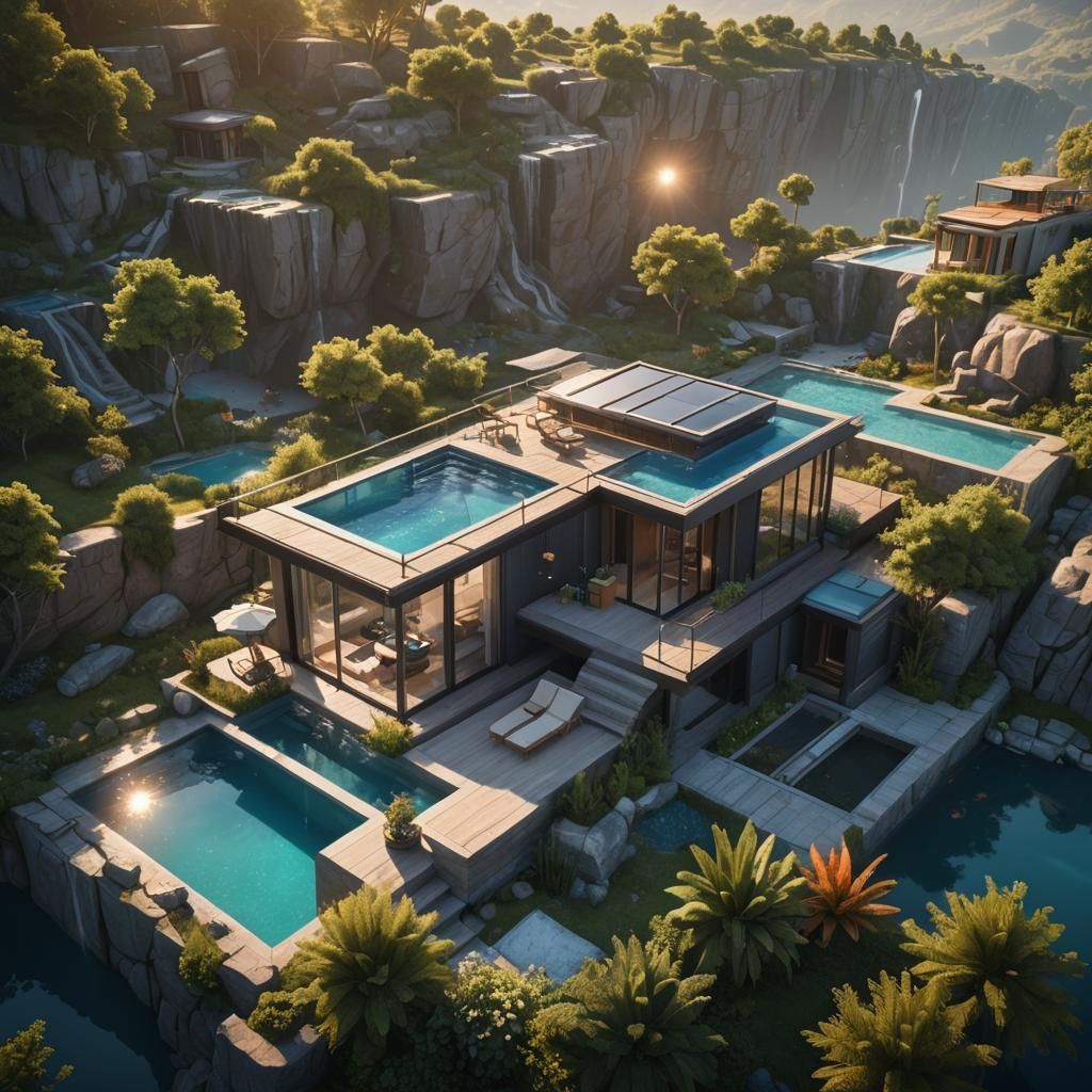 Small Modern House with Pool: Fantasy Matte Painting