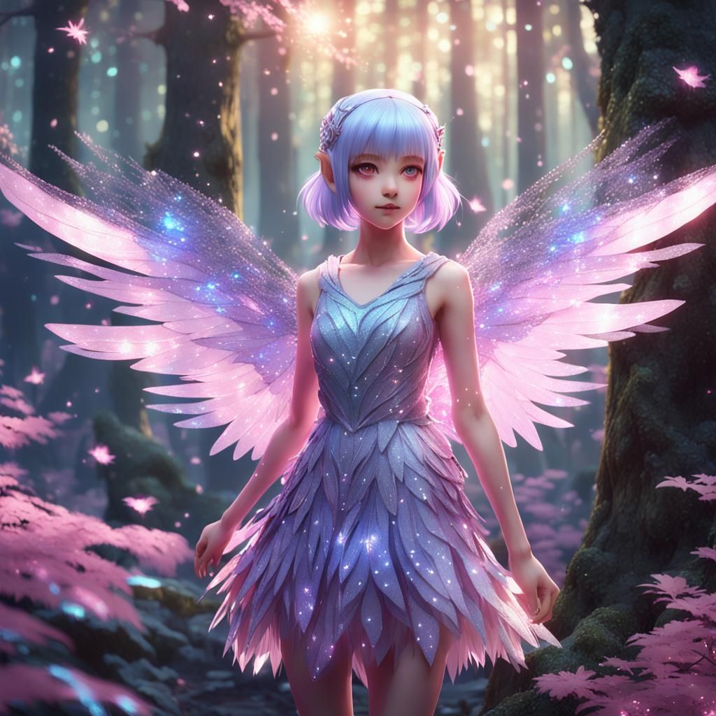 Anime Girl with Wings in Dreamy Forest