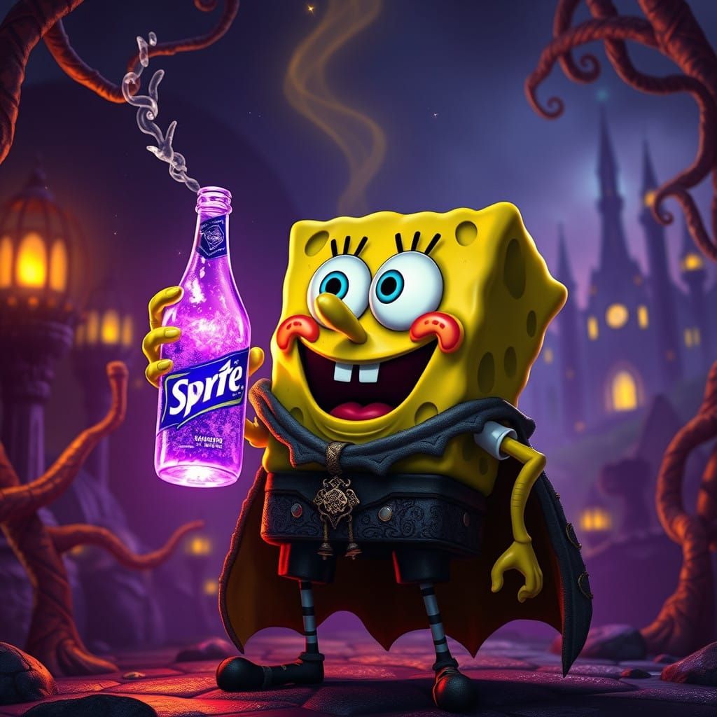 Dark Fantasy Spongebob Holds Enchanted Purple Sprite