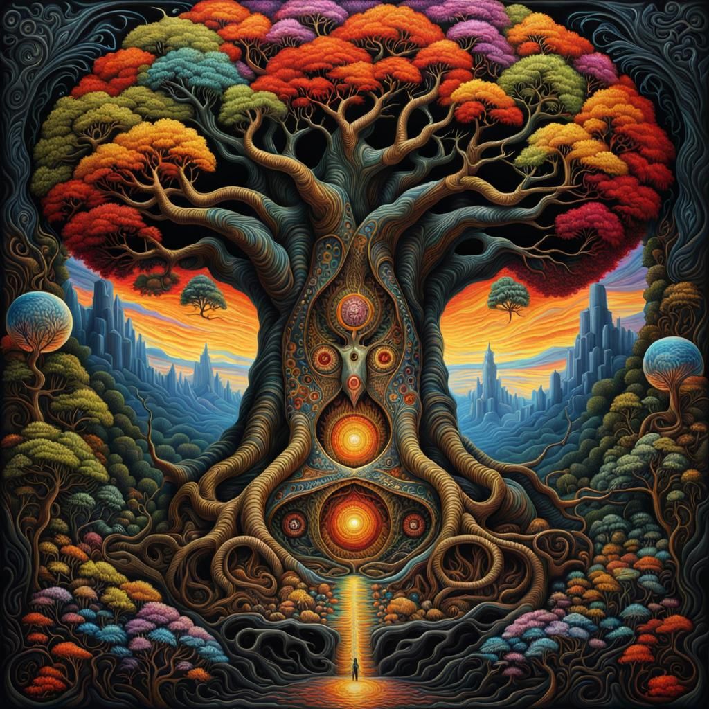 Psychedelic Embroidered Yggdrasil Emerging From Canvas