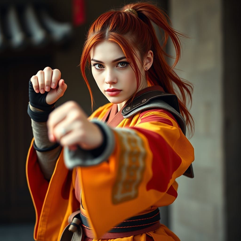 Realistic Young Woman in Traditional Kimono, Karate Pose, Ci...