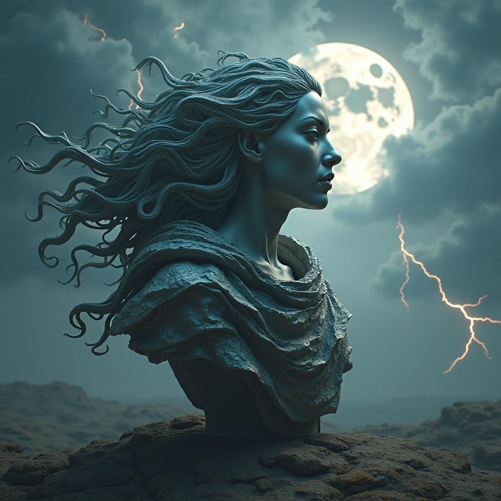 Cosmic Being in Stormy Lunar Landscape, Art Nouveau Style