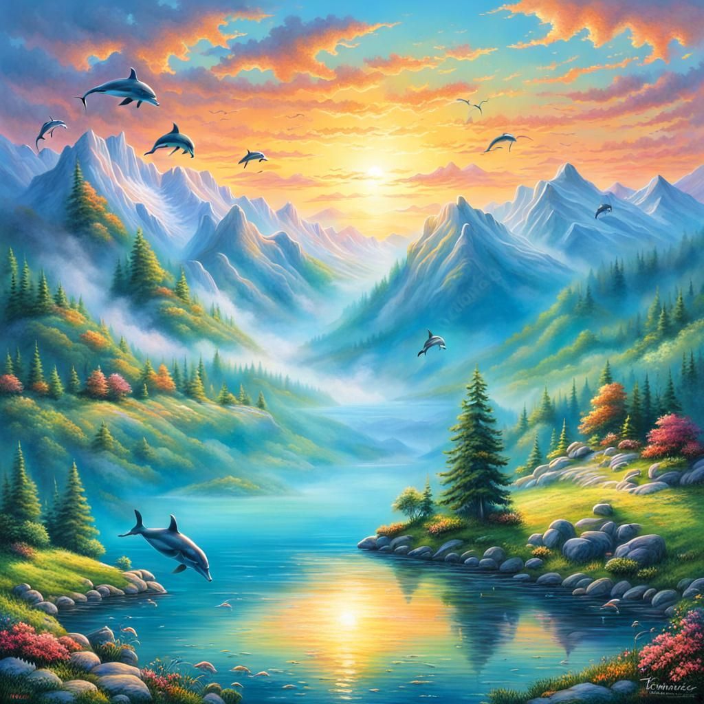 Sunrise Dolphins in Mountain Lake: Ethereal Fantasy