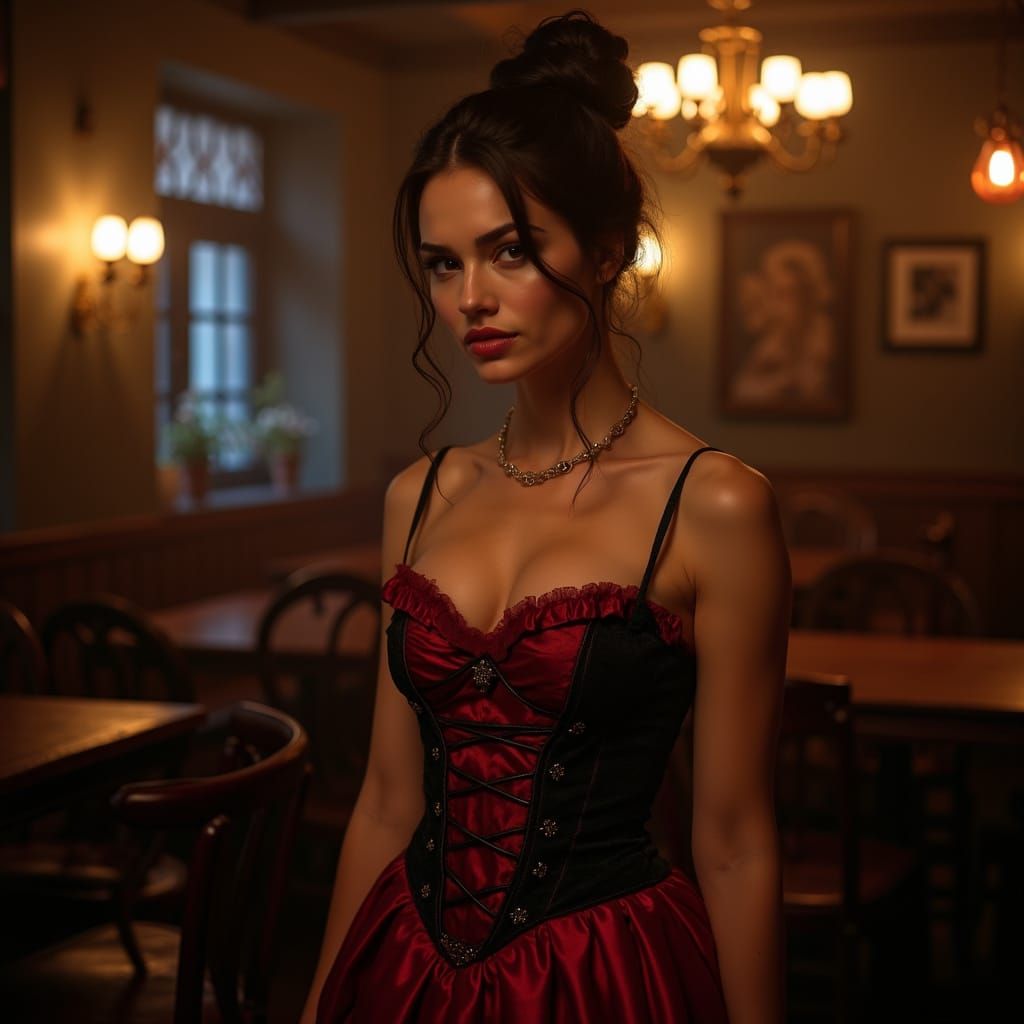 Gothic Woman in Red Corseted Gown in Dimly Lit Tavern