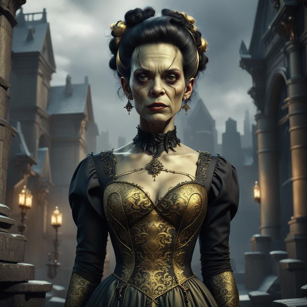 Female Frankenstein in Black and Gold Dress