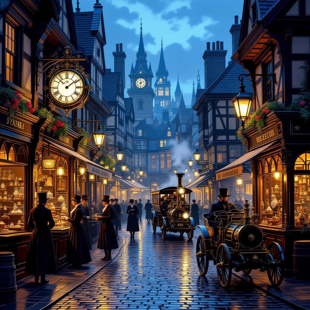 Steampunk Victorian Market at Dusk With Clockwork Automatons