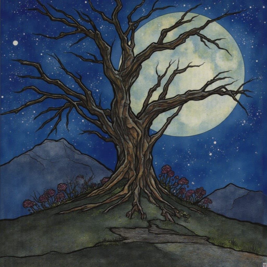 Whimsical Tree Howls at Full Moon under Starry Night Sky